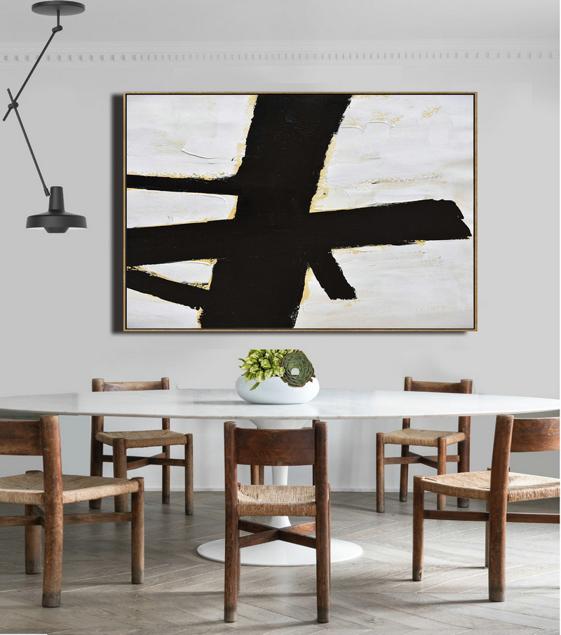 Modern Art Abstract Painting,Horizontal Palette Knife Minimal Canvas Art Painting Black White Beige - Contemporary Canvas Paintings
